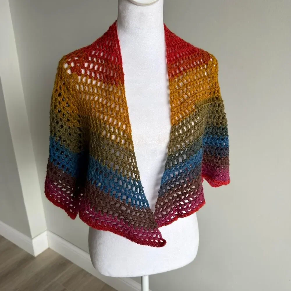 Handmade Rainbow Crochet Granny Stitch Triangle Shawl Wrap Grandma Retro OOAK